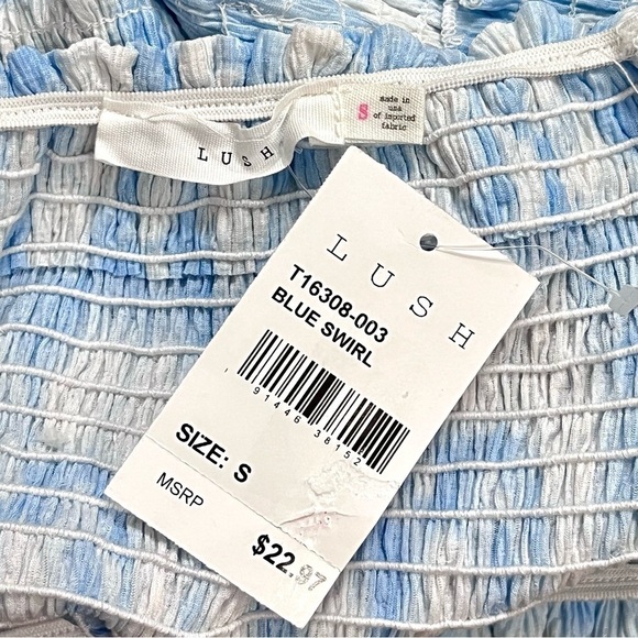 NWT Lush Blue White Tie Dye Elastic Ruffle Cap Sleeve Crop Top Size Small - Picture 8 of 8